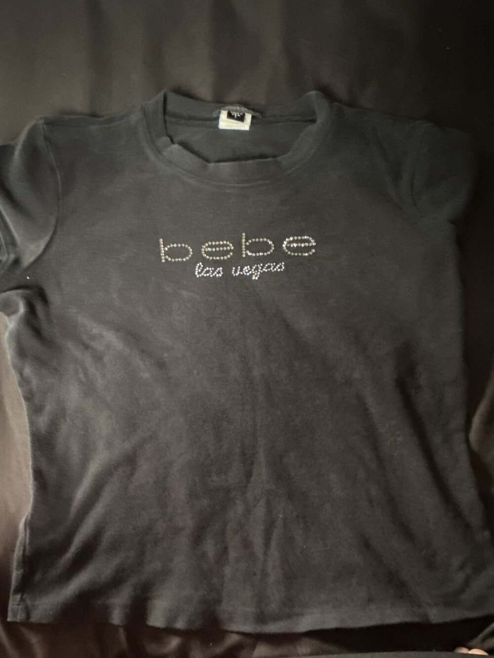 bebe Las Vegas Rhinestone Logo Black Short Sleeve T-Shirt